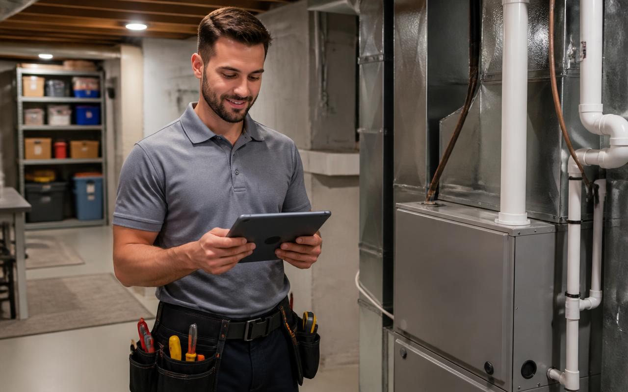 HVAC technician using an iPad while inspecting a furnace in a residential basement