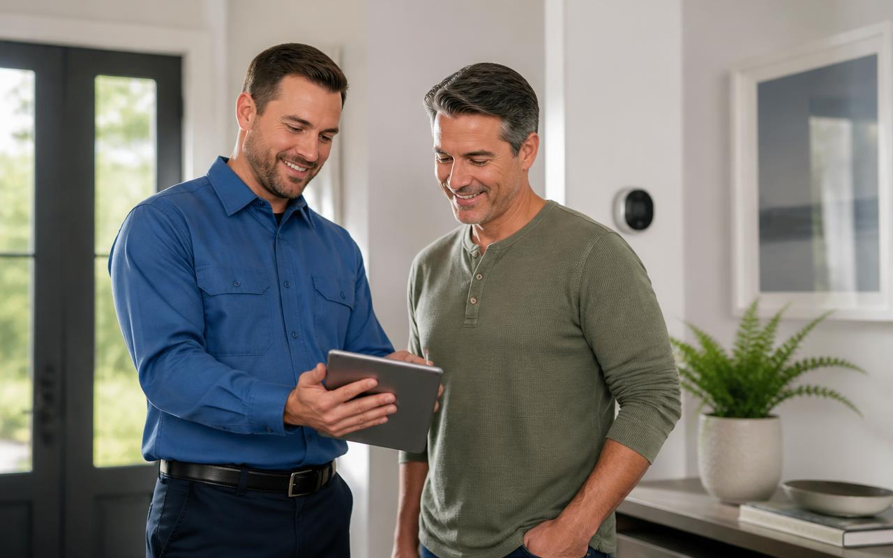 HVAC technician showing an iPad estimate to a homeowner