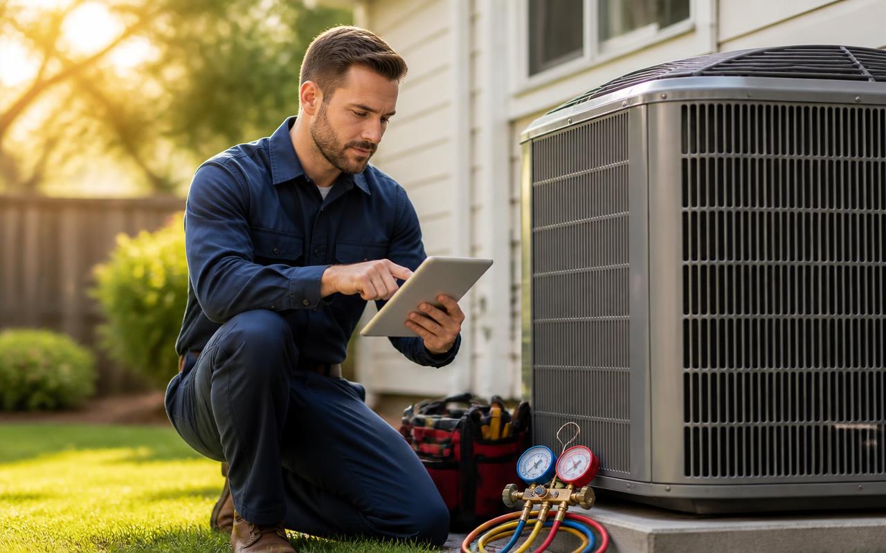 HVAC technician reviewing job details on an iPad next to an outdoor condenser unit