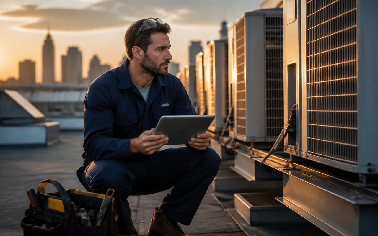 HVAC technician with an iPad on a commercial rooftop during service