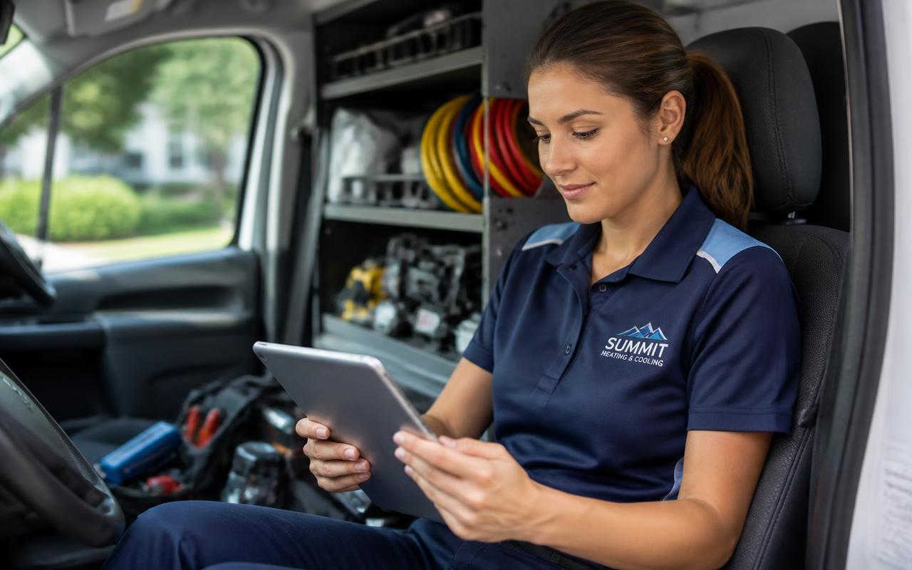 HVAC technician reviewing the day's schedule on an iPad inside a service van
